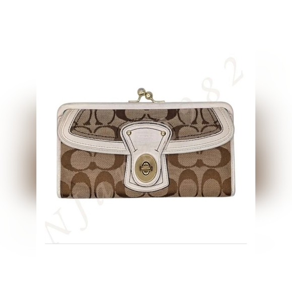 Coach Handbags - Coach Legacy Kisslock Wallet Khaki Signature Canvas Leather Turnlock Vintage Y2K